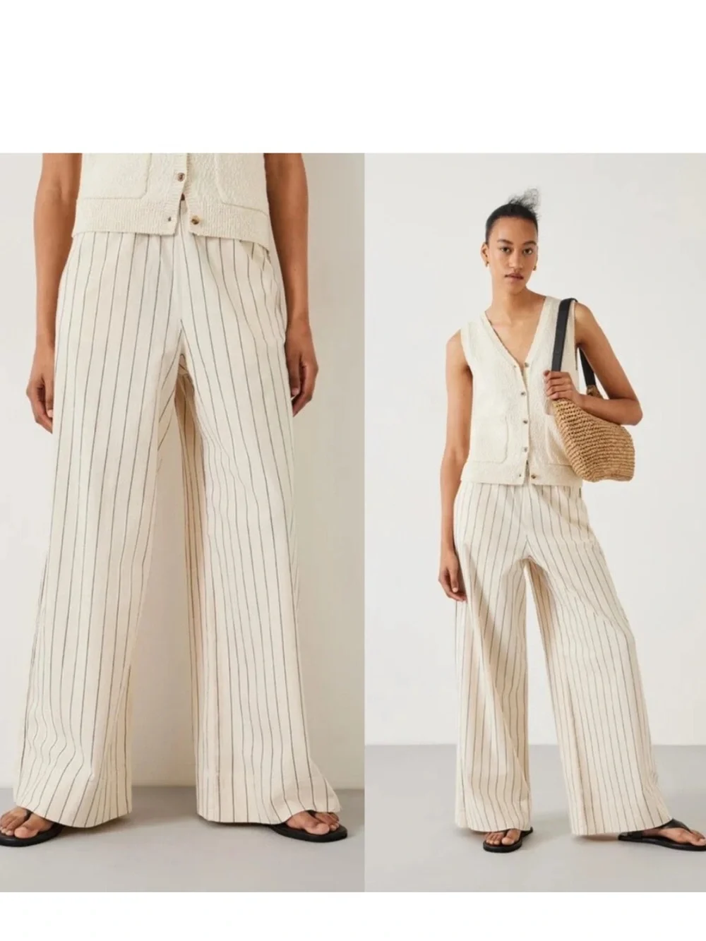 COS Wide Leg Striped Linen Blend Pants Cream Black Stripes Size Small